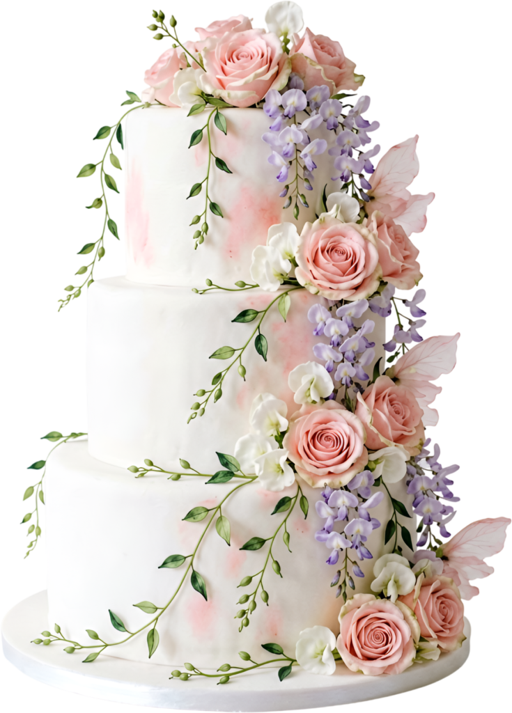 Accentuate designs with this Whimsical Floral Wedding Cake illustration, showcasing butterflies in a delightful PNG