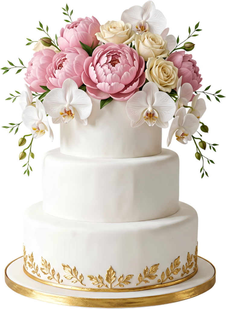 Embellish digital art with this Golden Leaf Wedding Cake illustration, showcasing orchids in a beautiful PNG format