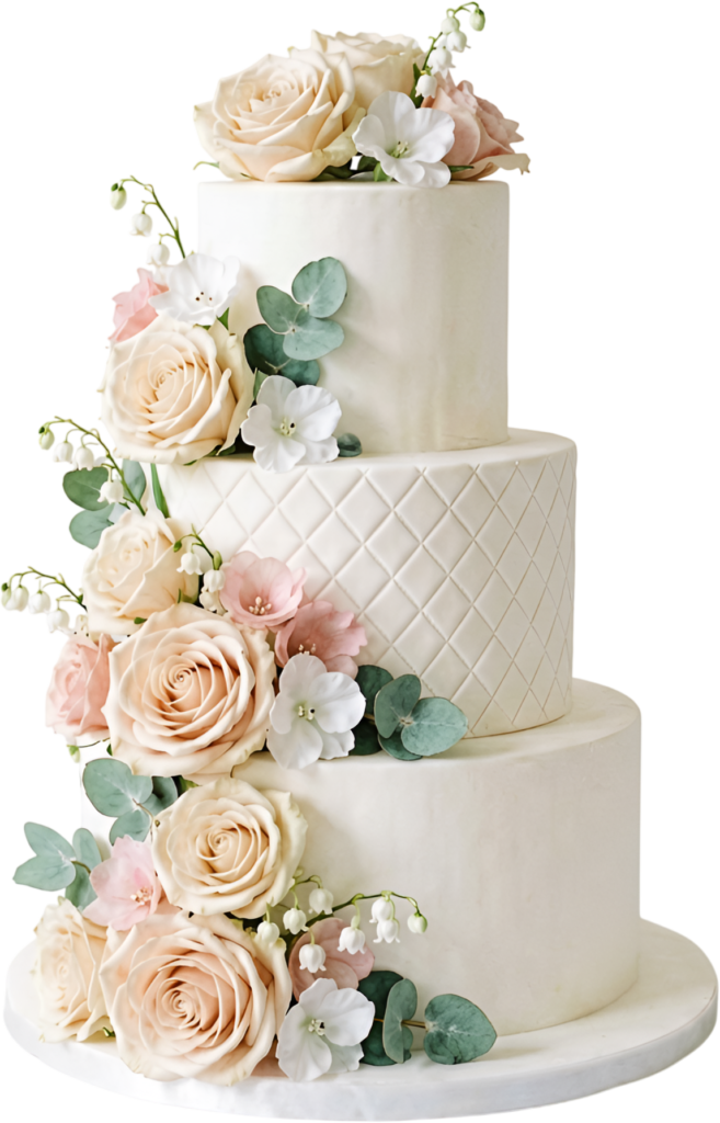 Elevate your designs with this Quilted Diamond Wedding Cake illustration, decorated with climbing florals in PNG