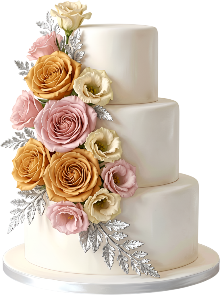 Enhance your creative assets with this Bronze Rose Wedding Cake illustration, featuring eustoma blooms in a chic PNG