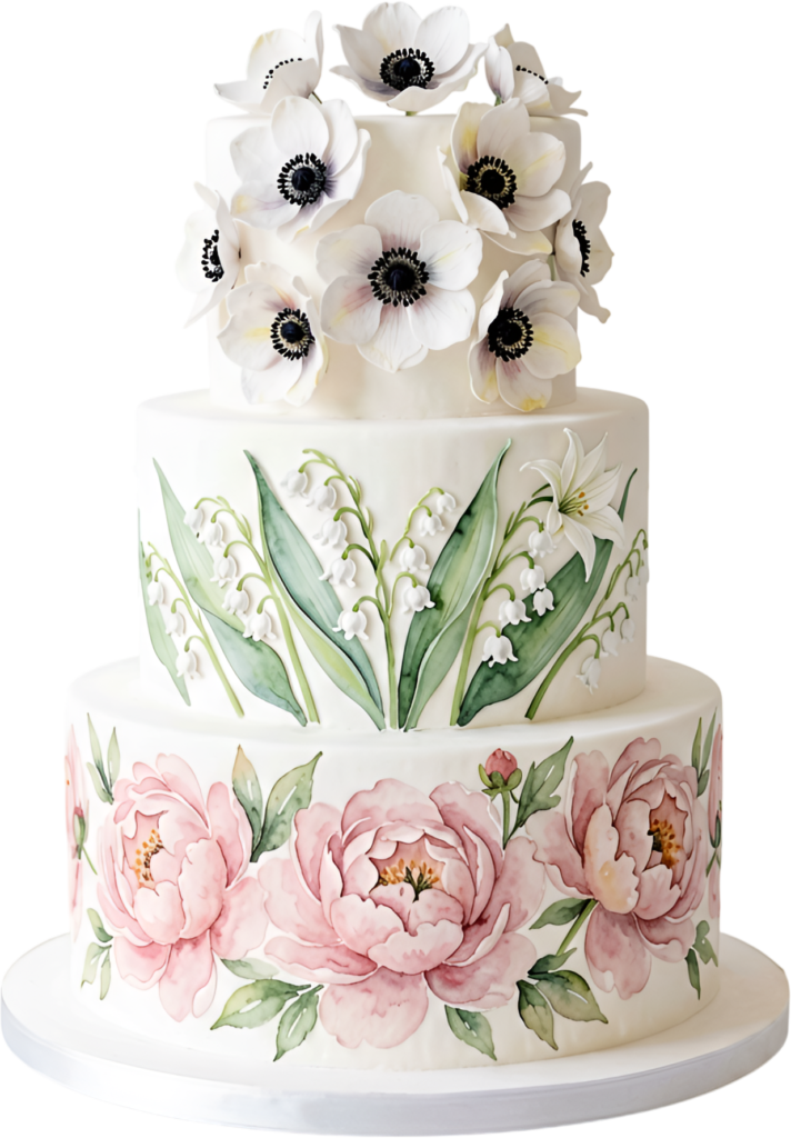 Create timeless event decor with this Painted Floral Wedding Cake illustration, showcasing peonies in a pretty PNG