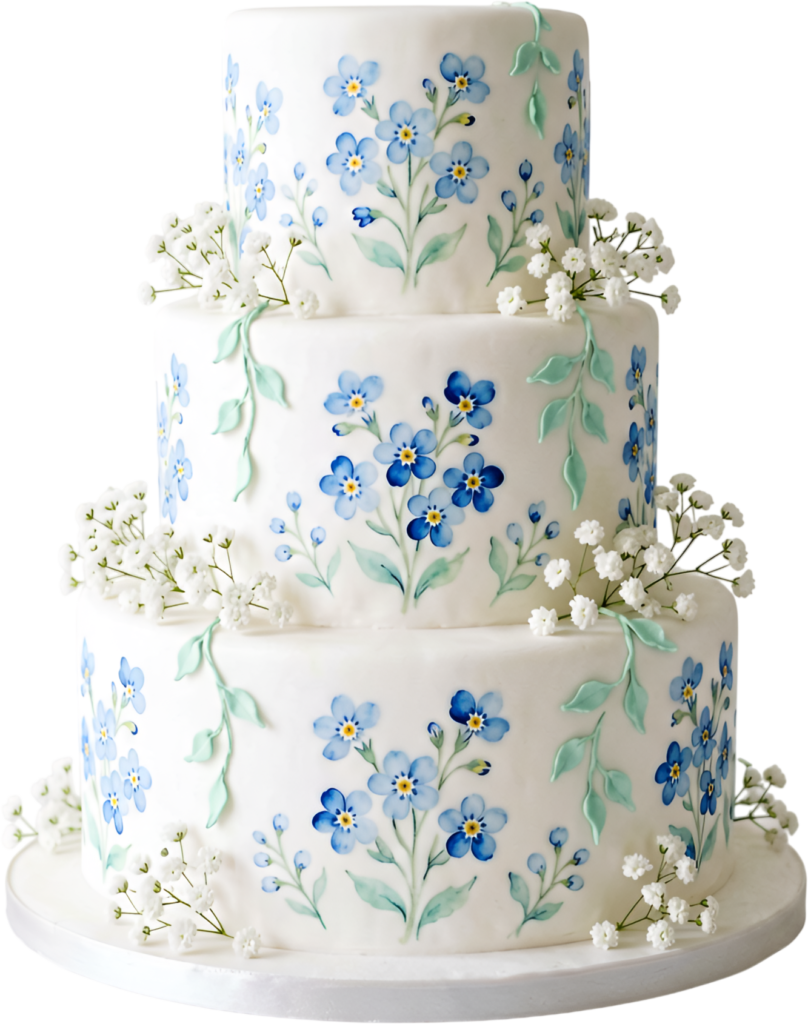 Hand-Painted Wedding Cake adorned with blue forget-me-nots and baby’s breath PNG Clipart for events