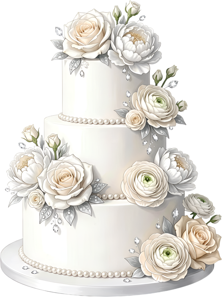 Pearl and Crystal Wedding Cake with elegant cream flowers perfect for luxury event PNG Clipart image