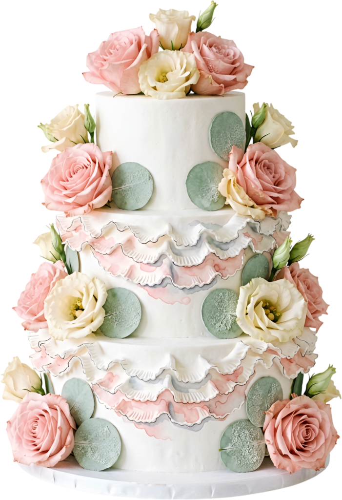 Ruffled Watercolor Wedding Cake featuring blush roses and eucalyptus accents ideal for modern PNG Clipart
