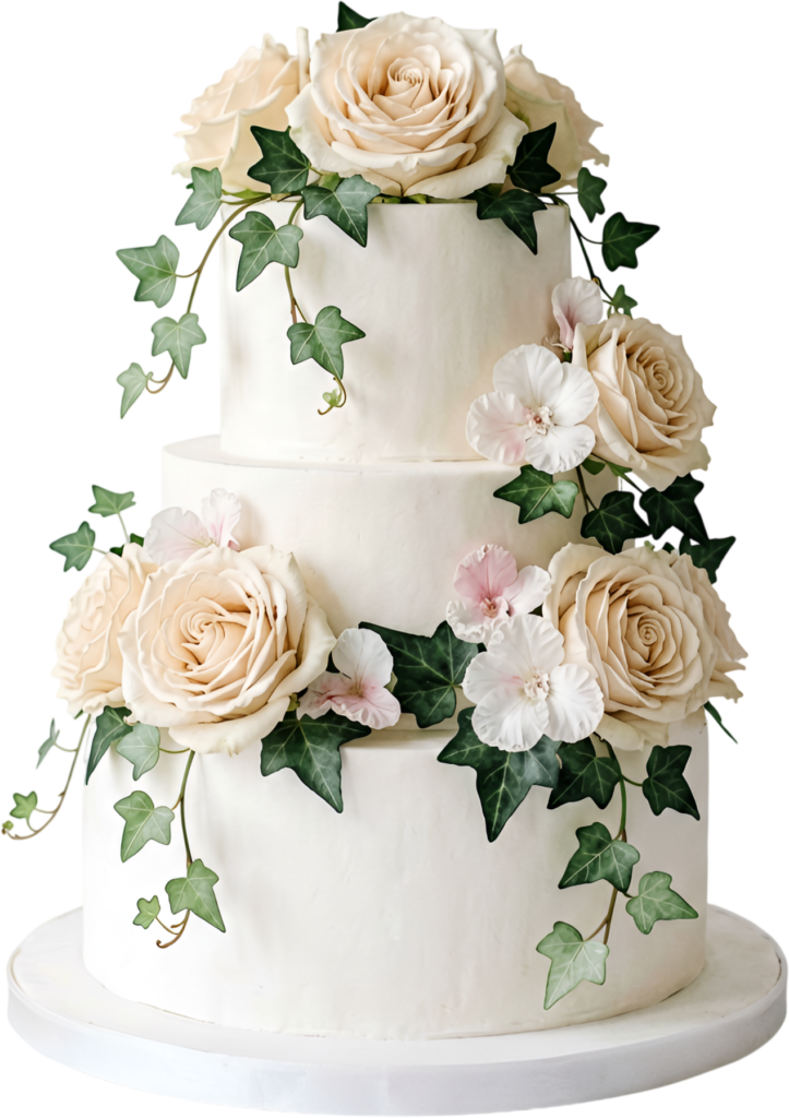 Garden-Inspired Wedding Cake with creamy roses and elegant ivy perfect for rustic PNG Clipart