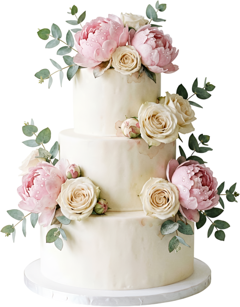 Dewy Floral Wedding Cake adorned with pink peonies, roses and eucalyptus for fresh PNG Clipart