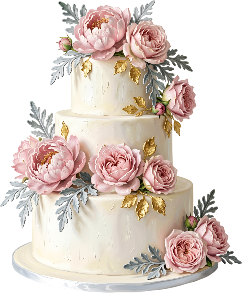 Metallic Accented Wedding Cake with blush pink flowers and silver foliage for opulent PNG Clipart