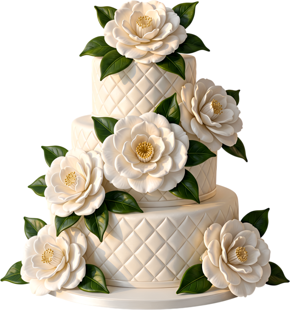 Quilted Pattern Wedding Cake featuring elegant white camellias and green leaves ideal PNG Clipart