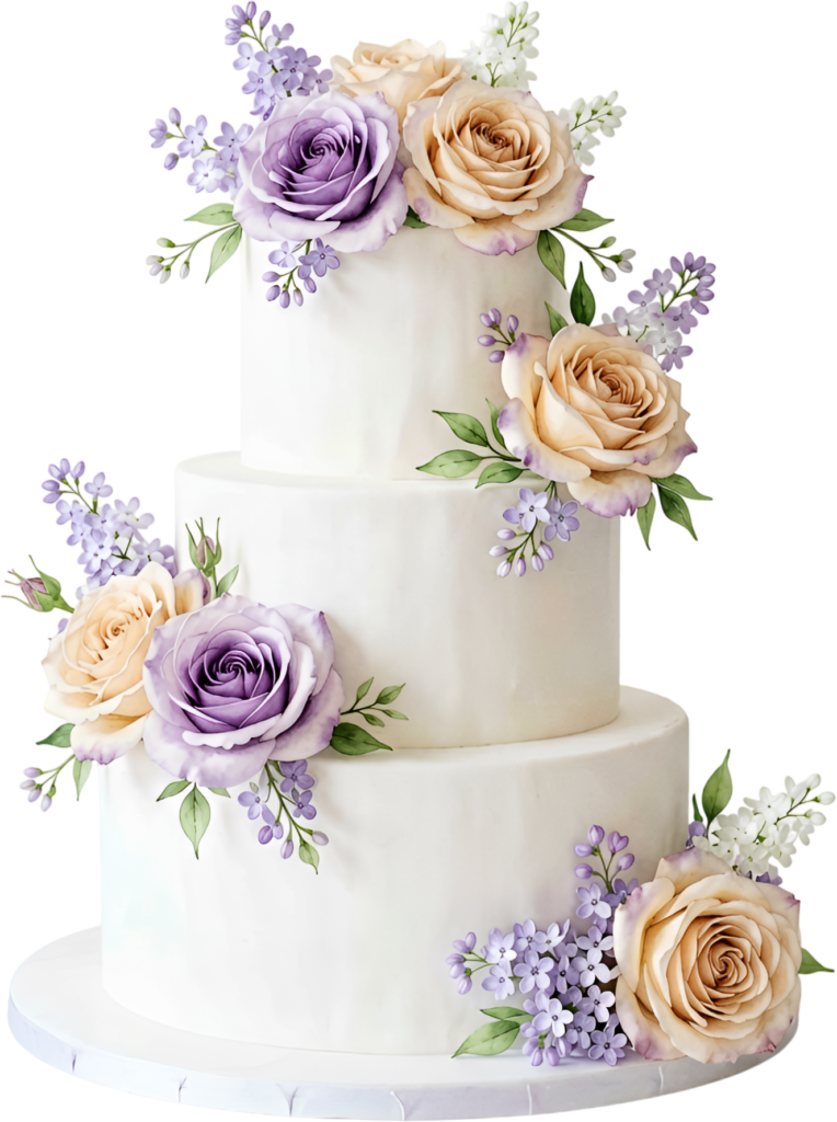 Lavender and Cream Wedding Cake adorned with roses and lilac sprigs perfect for spring PNG Clipart