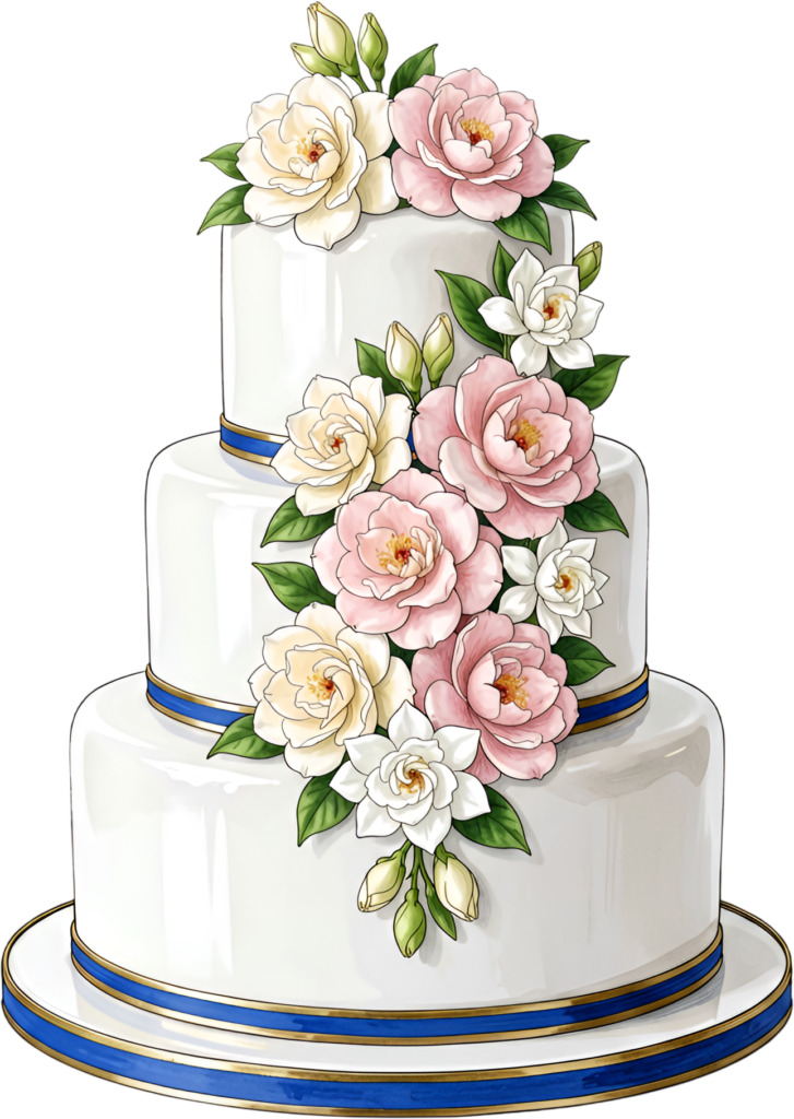 Blue Ribbon Wedding Cake with cascading pink and cream flowers ideal for classic PNG Clipart