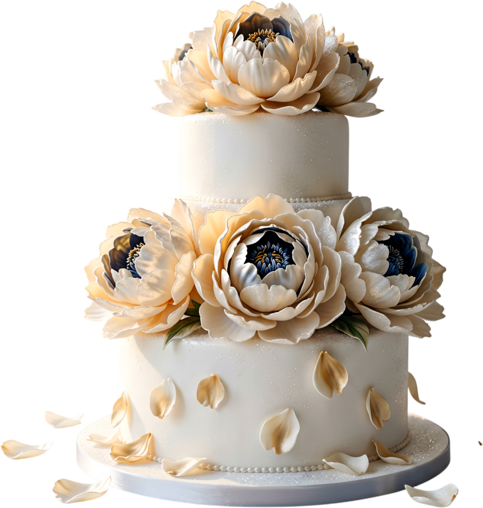 Golden Peony Wedding Cake with sparkling glitter and scattered petals for luxurious PNG Clipart
