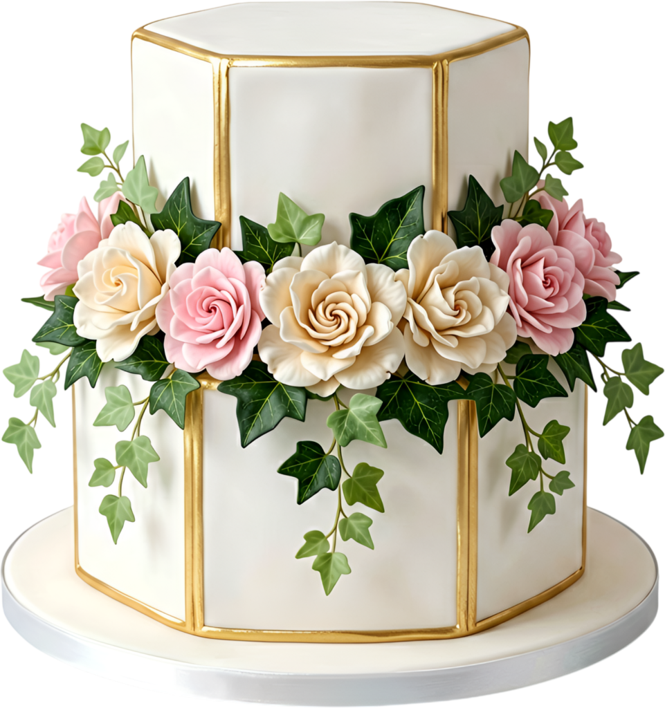 Hexagonal Wedding Cake with elegant gold trim and garden roses perfect for modern PNG Clipart