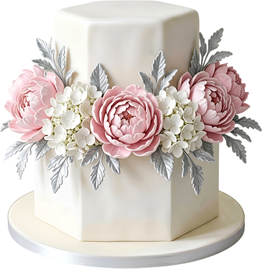 Silver Foliage Wedding Cake on hexagonal tiers featuring blush peonies ideal for chic PNG Clipart