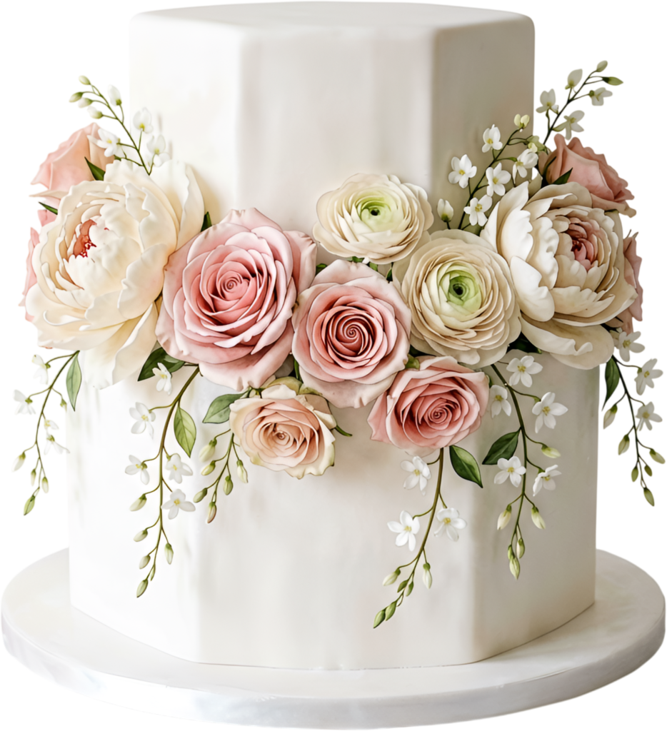Mixed Floral Wedding Cake on hexagonal base with roses and ranunculus perfect for garden PNG Clipart