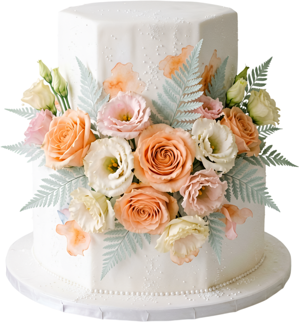 Peach Floral Wedding Cake on hexagonal tiers with silver ferns and lisianthus for elegant PNG Clipart