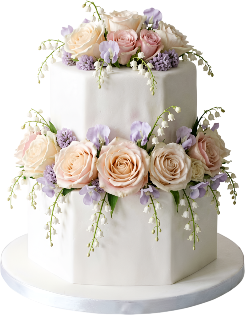 Lily of the Valley Wedding Cake with roses and lavender sprigs on elegant hexagonal PNG Clipart