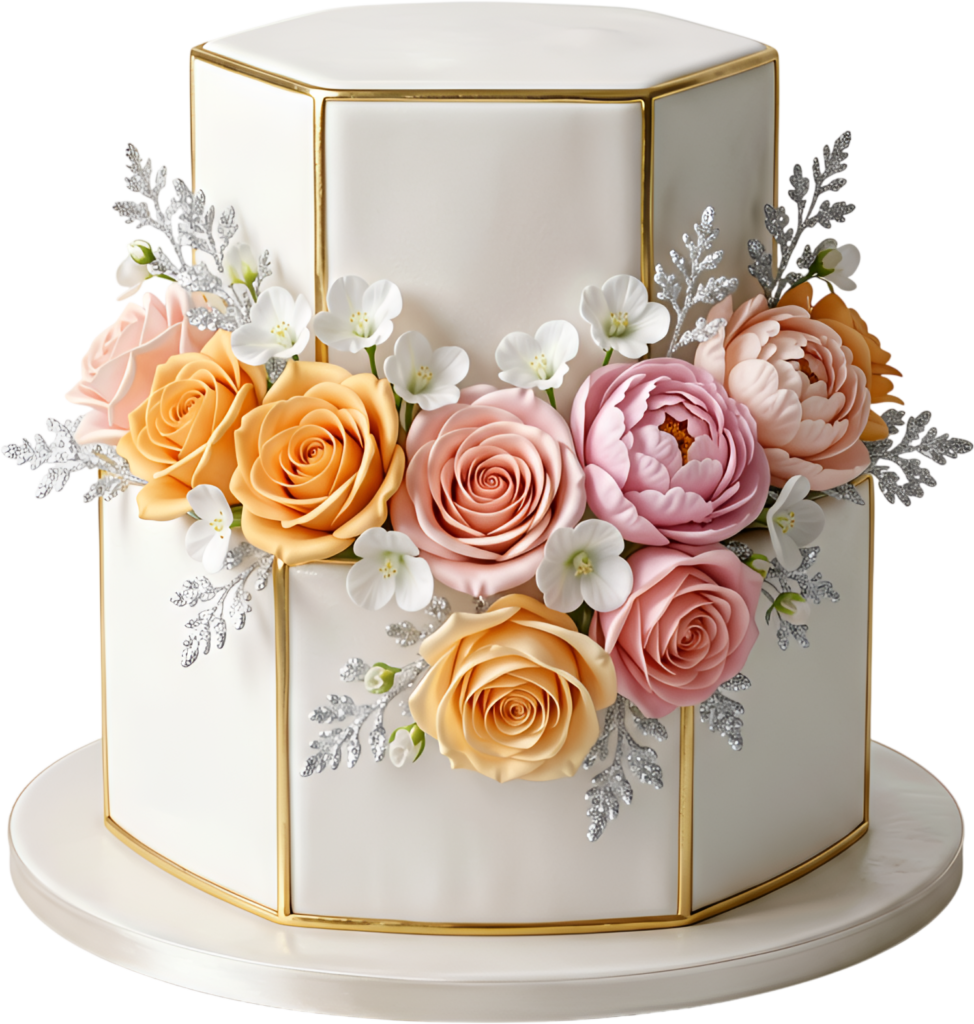 Gold Trim Wedding Cake with vibrant orange roses and sparkling silver foliage on hexagonal PNG Clipart