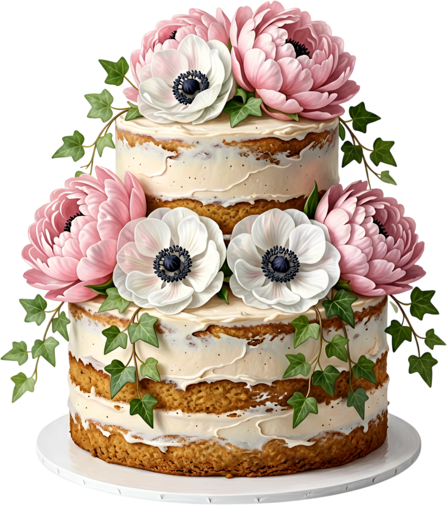 Naked Wedding Cake with rustic pink peonies and white anemones accented by ivy PNG Clipart