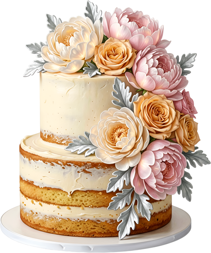 Multicolored Floral Wedding Cake in semi-naked style featuring peach roses and peonies PNG Clipart