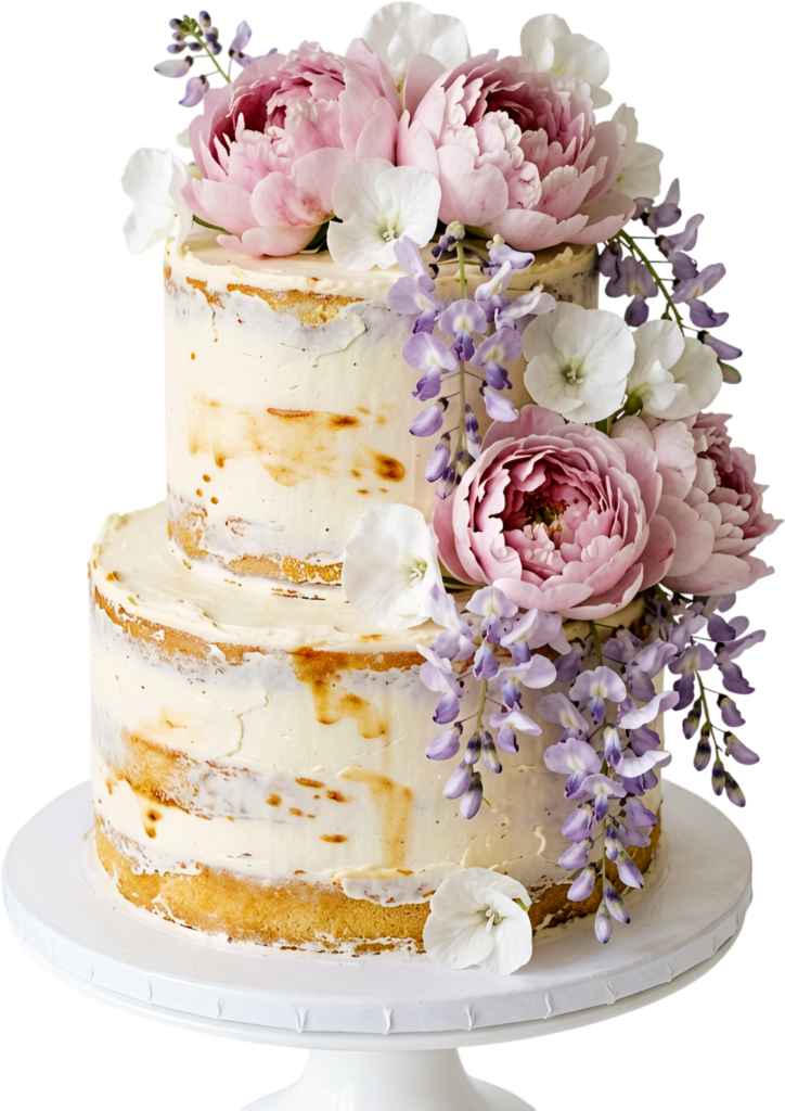 Wisteria Adorned Wedding Cake in charming naked style with pink peonies and white flowers PNG Clipart