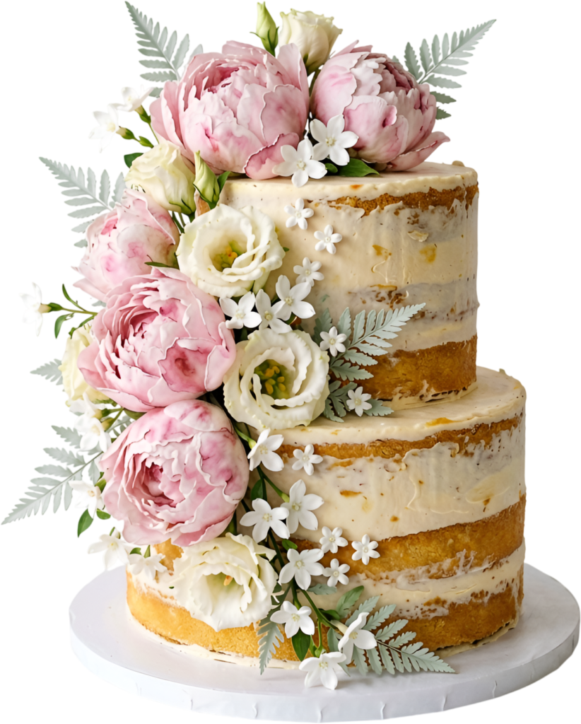 Lisianthus and Peony Wedding Cake in natural naked style with delicate silver ferns PNG Clipart