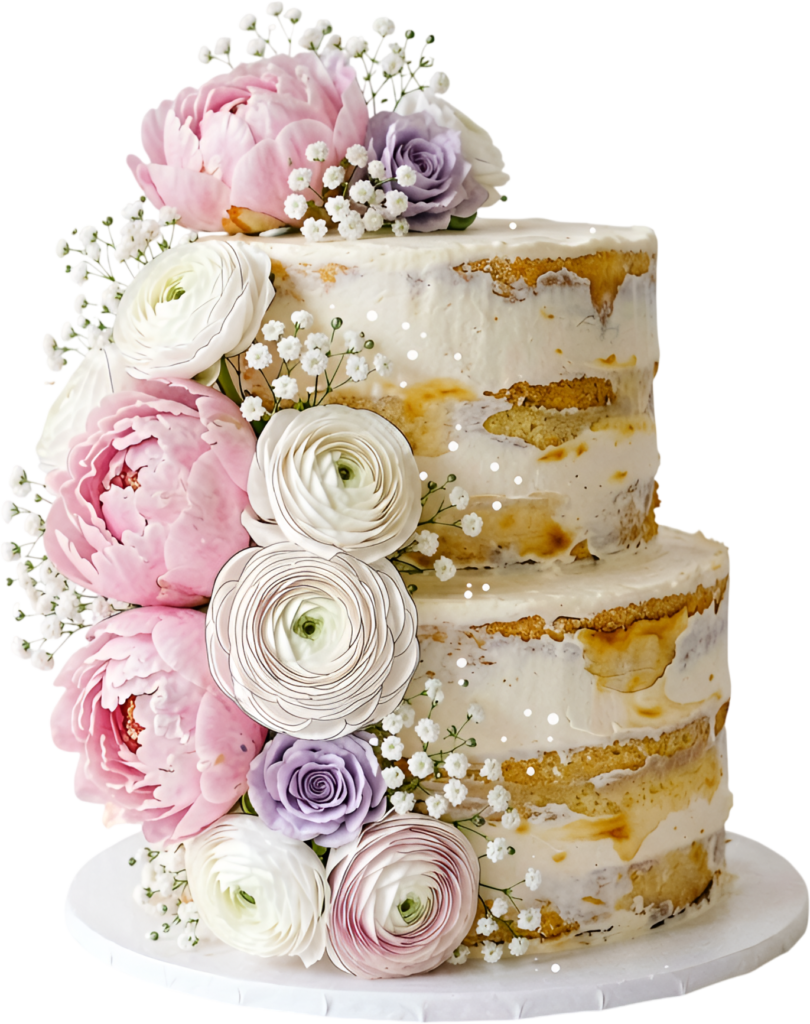 Baby’s Breath Wedding Cake with beautiful pink peonies and ranunculus in naked style PNG Clipart