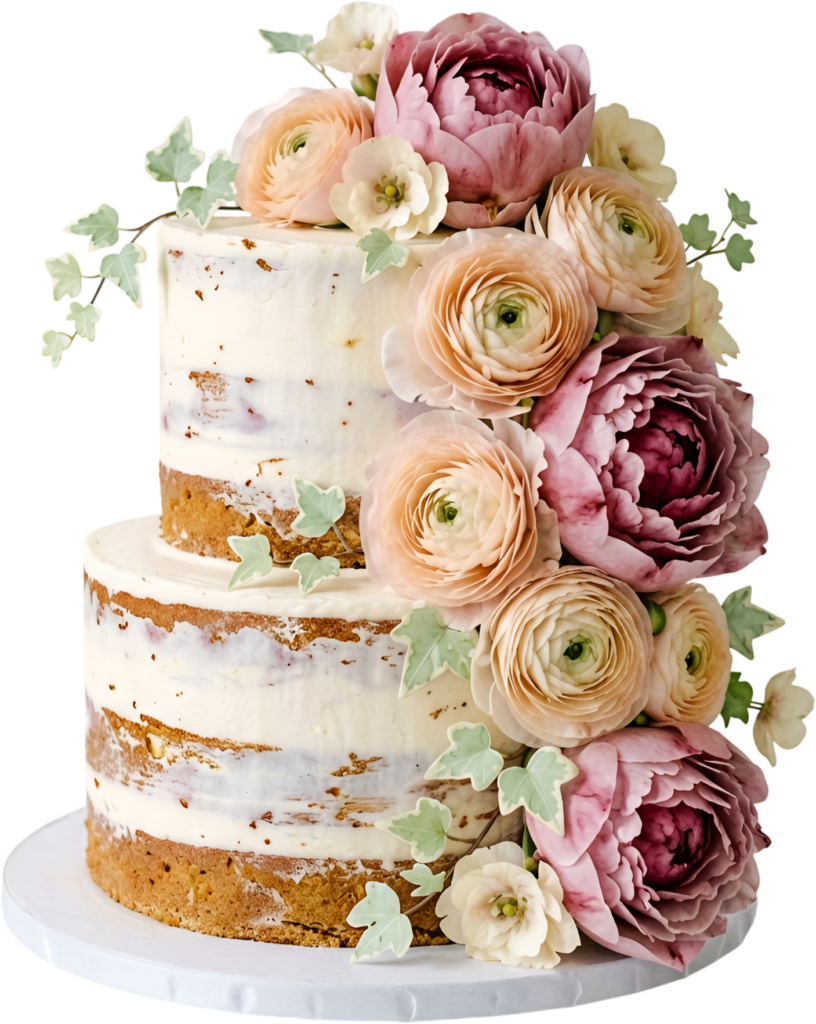Bold Floral Wedding Cake in charming naked style with deep pink peonies and ivy PNG Clipart