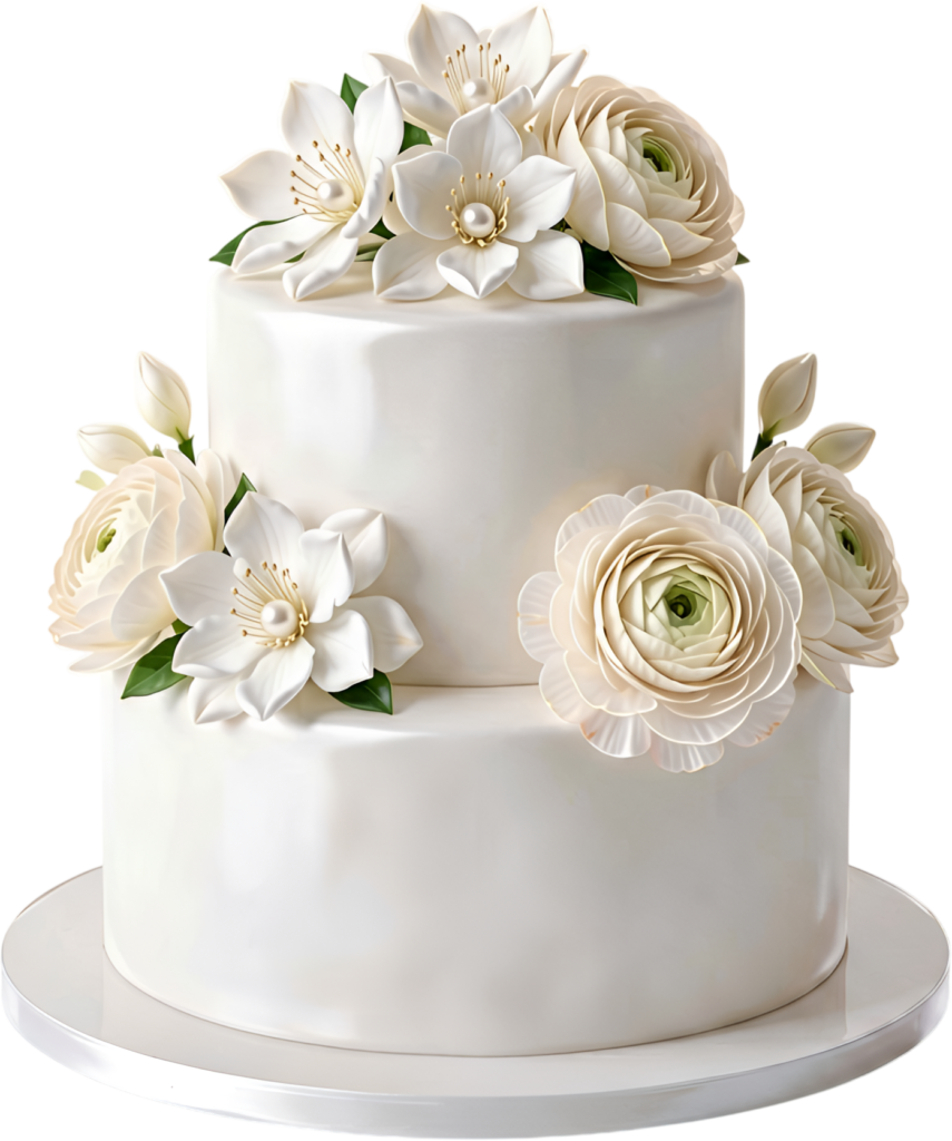 Pristine White Wedding Cake with elegant magnolias and ranunculus perfect for formal PNG Clipart