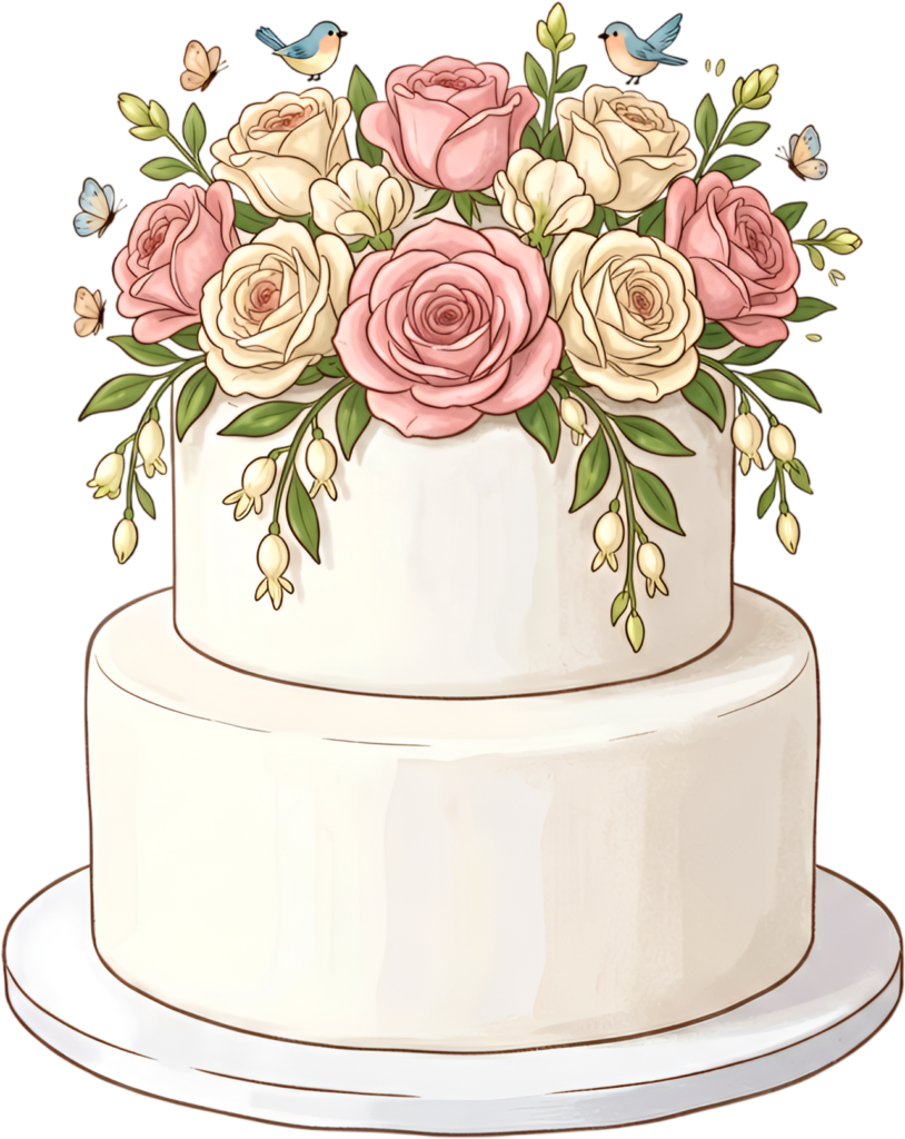 Whimsical Wedding Cake with pink roses, birds and butterflies perfect for fairytale PNG Clipart