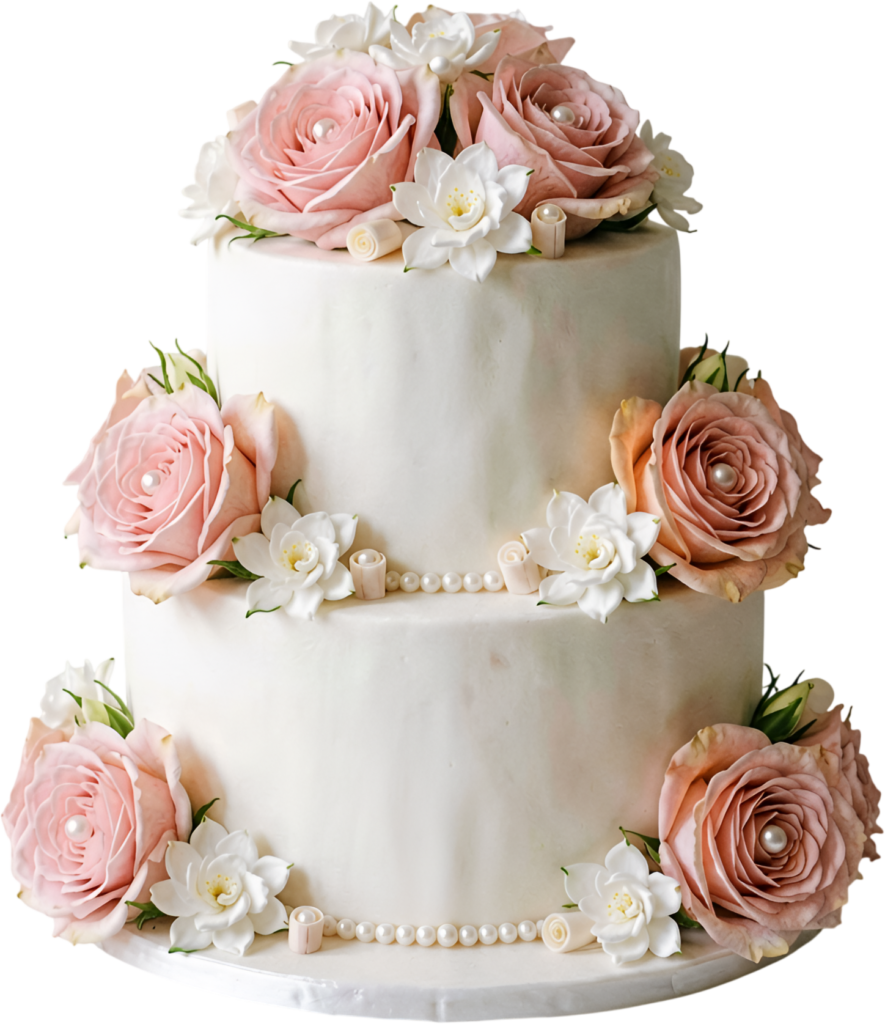 Pearl String Wedding Cake adorned with delicate pink and peach roses for classic PNG Clipart