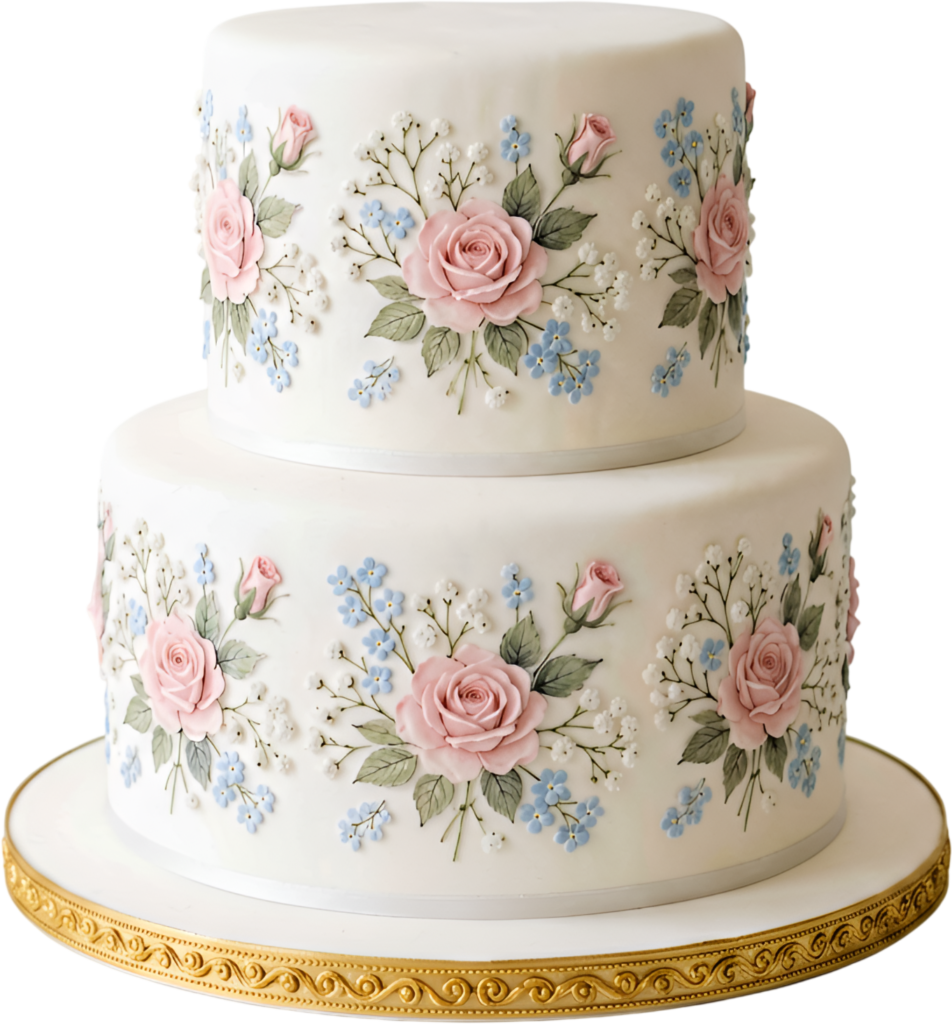 Hand-Painted Rose Wedding Cake with blue forget-me-nots and baby’s breath for charming PNG Clipart