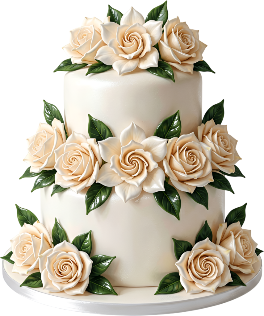Cream Rose Wedding Cake with beautiful white magnolias and lush green leaves elegant PNG Clipart