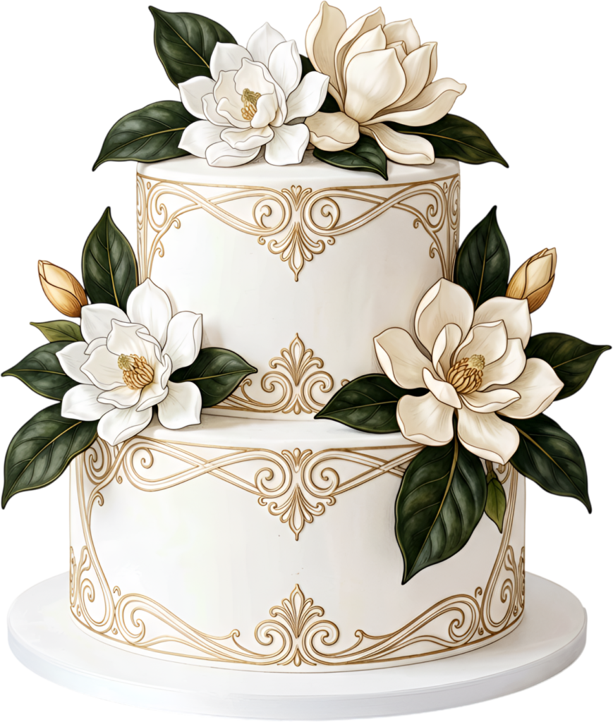 Gold Scroll Wedding Cake featuring white magnolias and elegant green leaves for luxury PNG Clipart