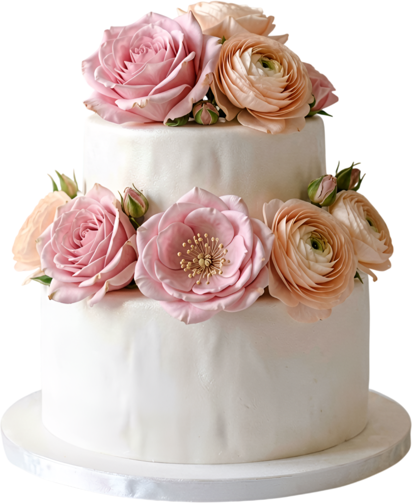 Pink and Peach Wedding Cake with gorgeous roses and ranunculus perfect for romantic PNG Clipart