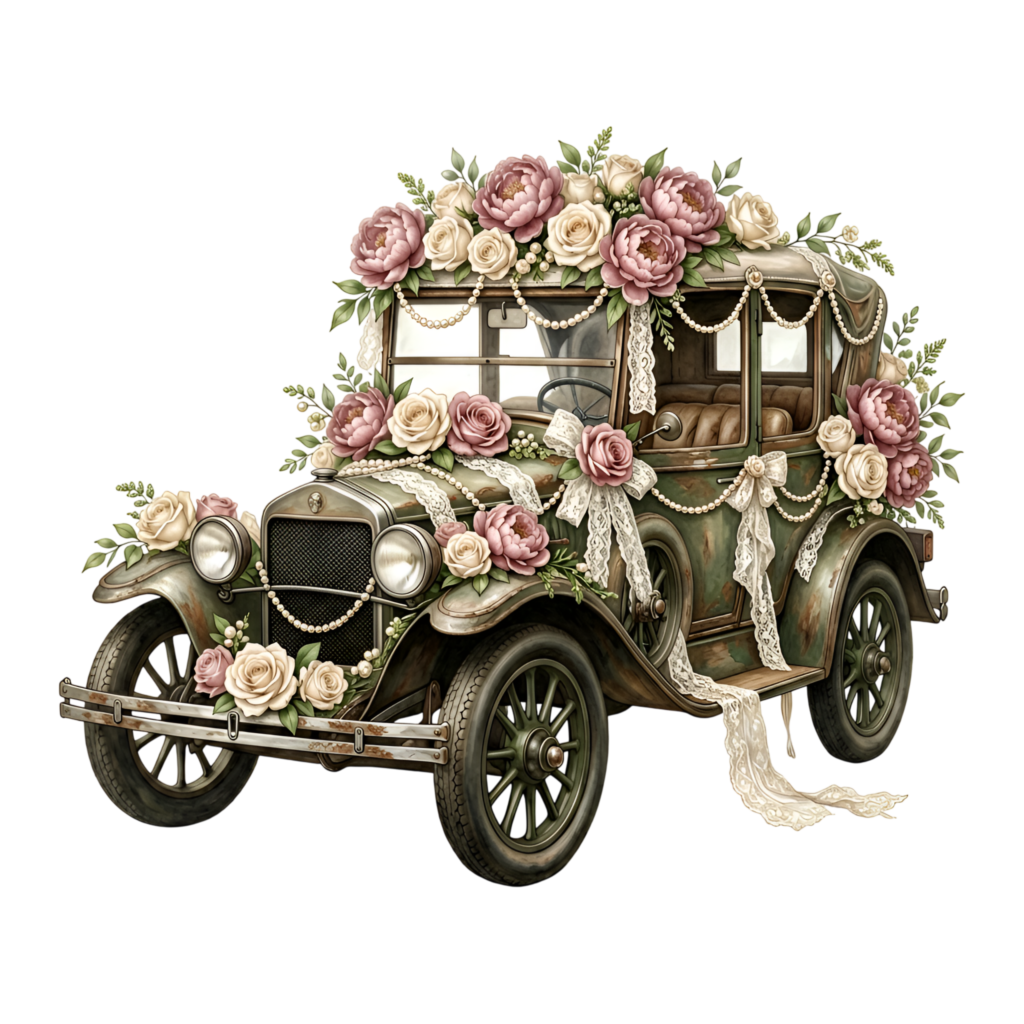 Antique wedding car illustration, adorned lavishly with floral arrangements, perfect romantic PNG clipart
