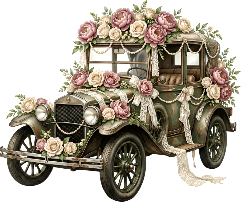 Antique wedding car illustration, adorned lavishly with floral arrangements, perfect romantic PNG clipart