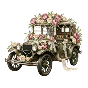 - Stylish wedding car illustration, featuring a pink vintage convertible scattering rose petals, lovely PNG asset Free PNG Download