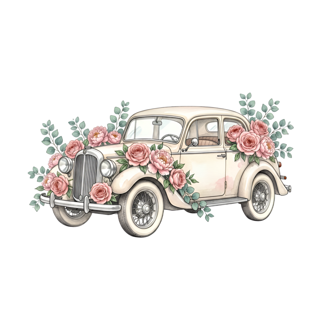 Elegant wedding car clipart, featuring blush roses and eucalyptus, a beautiful watercolor PNG illustration