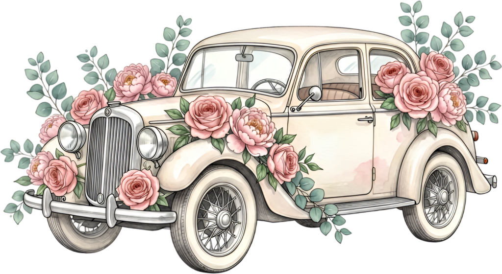Elegant wedding car clipart, featuring blush roses and eucalyptus, a beautiful watercolor PNG illustration
