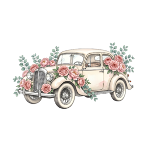 - Stylish wedding car illustration, featuring a pink vintage convertible scattering rose petals, lovely PNG asset Free PNG Download