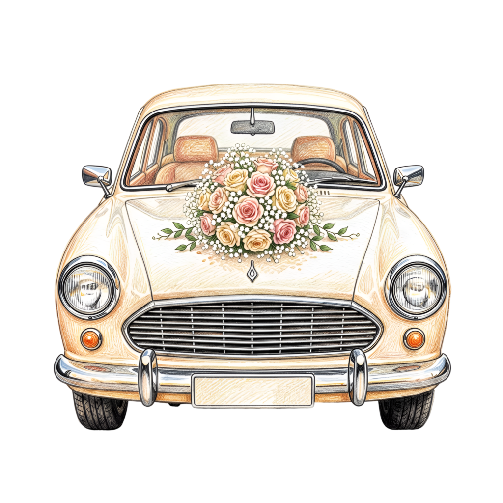 Beige wedding car illustration, front view showcasing a vibrant rose bouquet, ideal for PNG designs