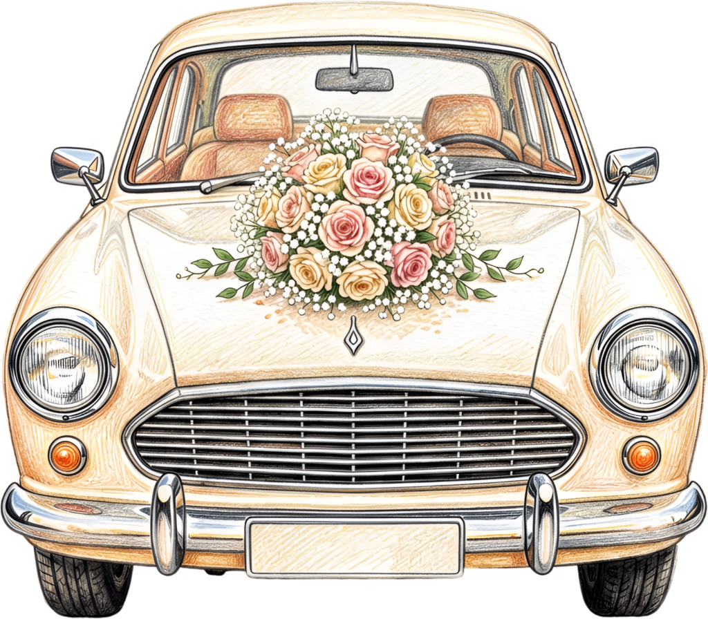 Beige wedding car illustration, front view showcasing a vibrant rose bouquet, ideal for PNG designs