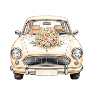 - Stylish wedding car illustration, featuring a pink vintage convertible scattering rose petals, lovely PNG asset Free PNG Download
