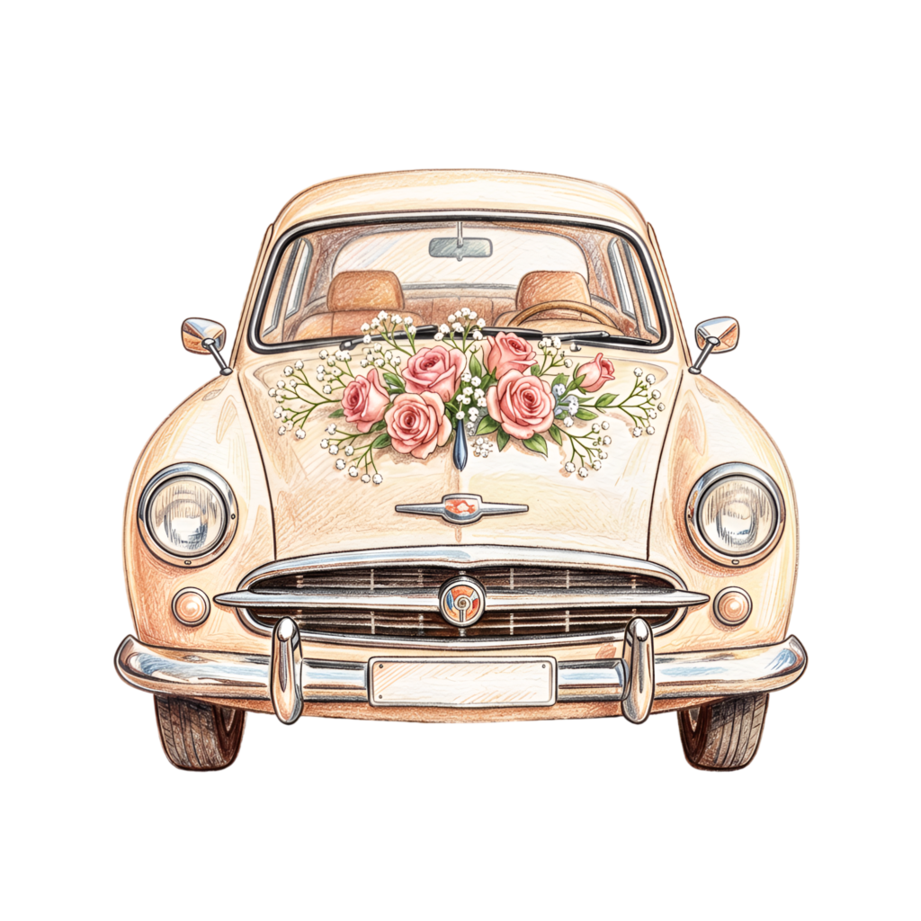 Beautiful wedding car illustration, presenting a charming pink rose cluster, perfect romantic PNG artwork