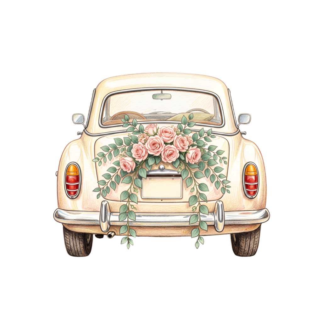 Charming wedding car illustration, rear view adorned with lush rose garland, excellent quality PNG clipart