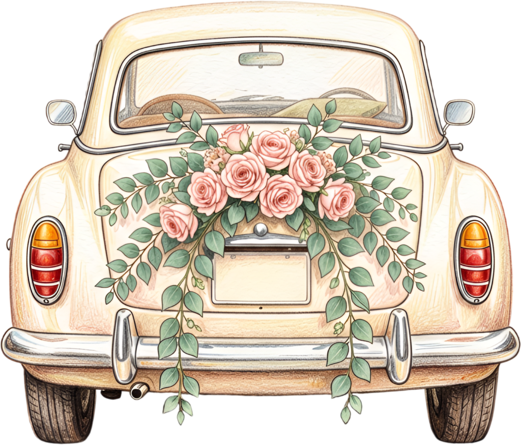 Charming wedding car illustration, rear view adorned with lush rose garland, excellent quality PNG clipart