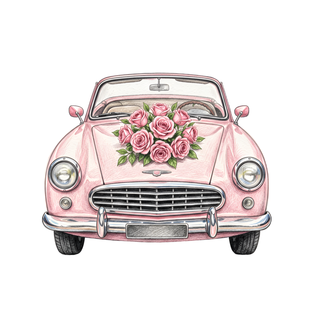 Striking pink wedding car illustration, showcasing a vibrant rose bouquet, wonderful decorative PNG image