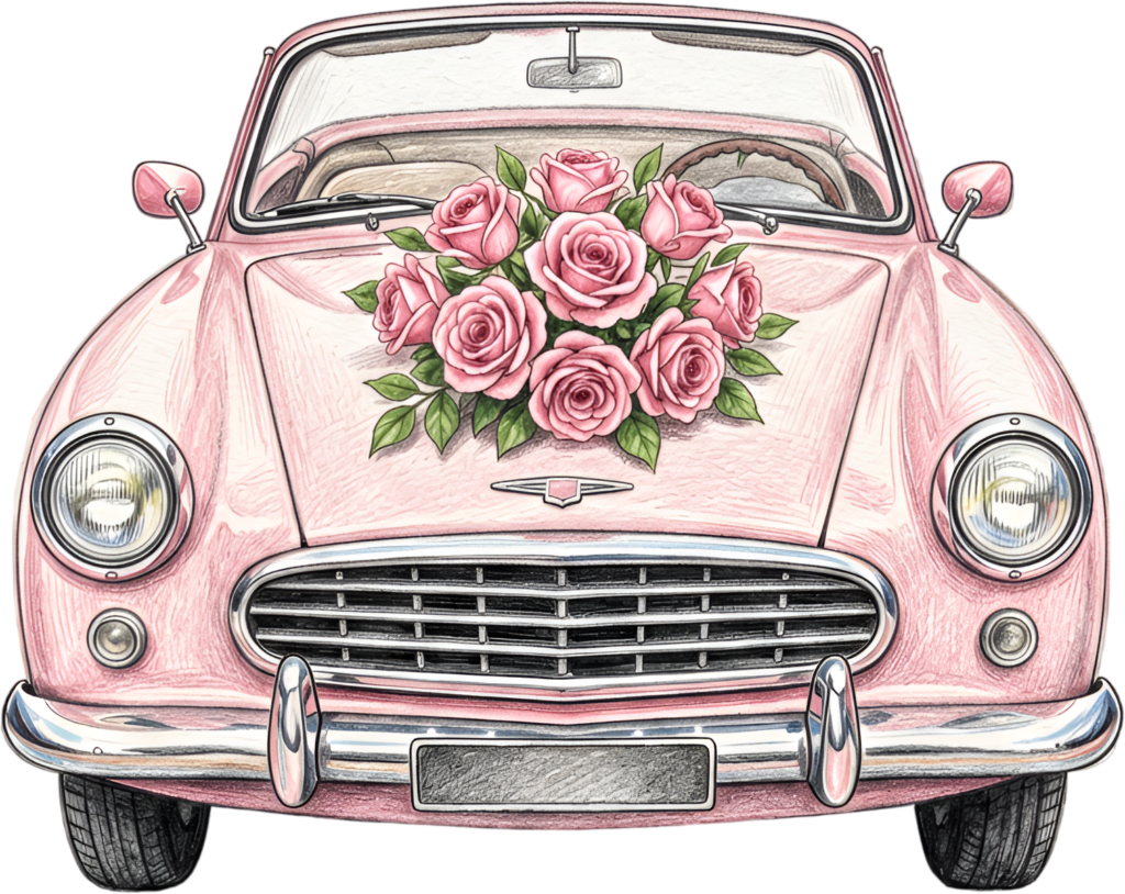 Striking pink wedding car illustration, showcasing a vibrant rose bouquet, wonderful decorative PNG image