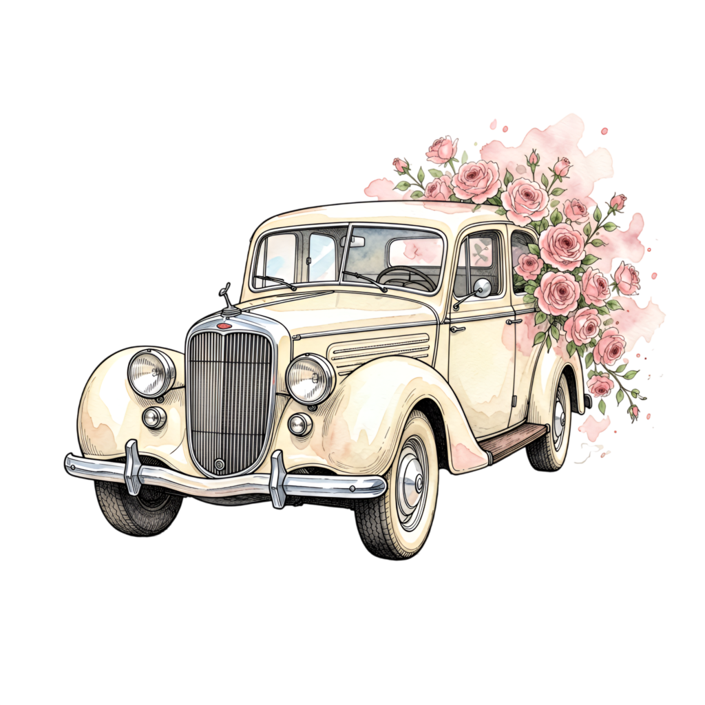 Classic wedding car illustration, artfully decorated with roses and watercolor splashes, vibrant PNG clipart