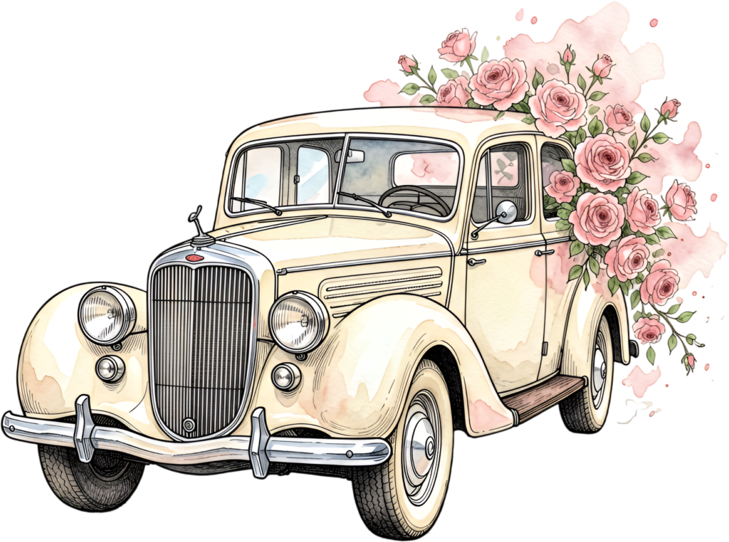 Classic wedding car illustration, artfully decorated with roses and watercolor splashes, vibrant PNG clipart